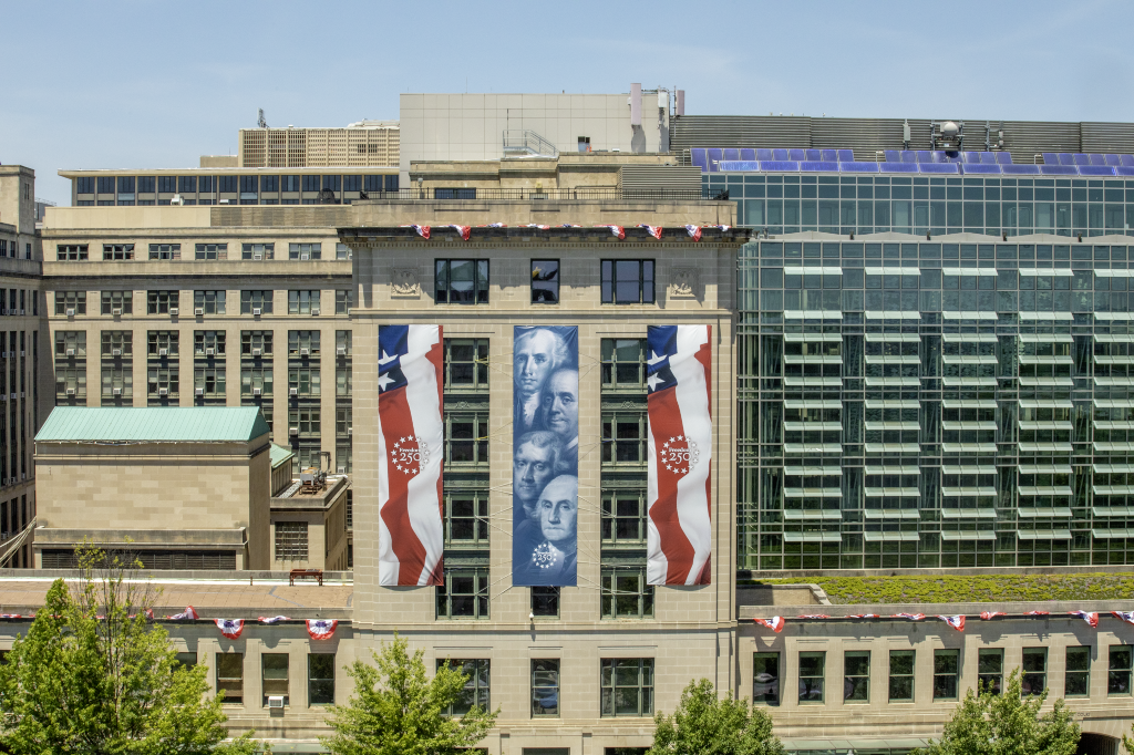 The GSA headquarters building exterior is decorated to honor and celebrate the nation's 250th birthday.