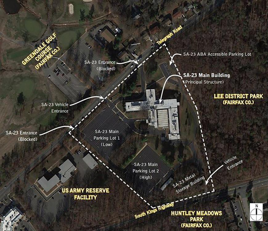 Diagrammed aerial top view indicating an F-shaped building and parking lots and a dotted line around the property perimeter