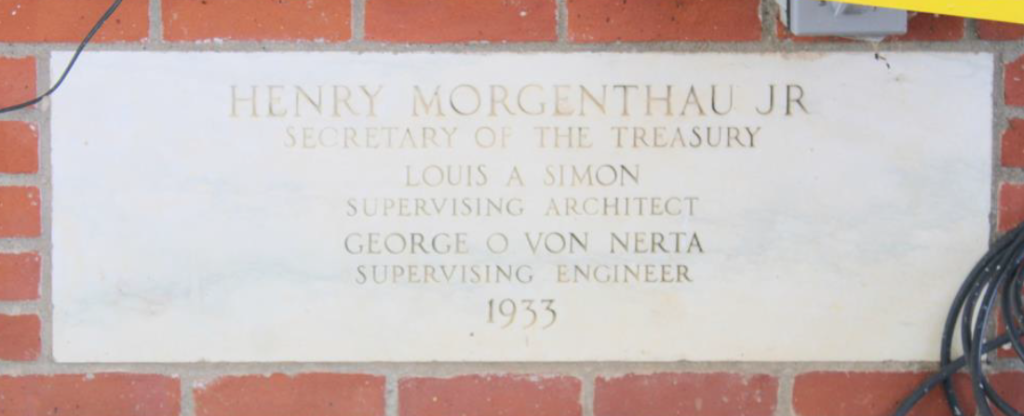 2020 photo of the VT-Norton LPOE original building plaque at north end of east elevation