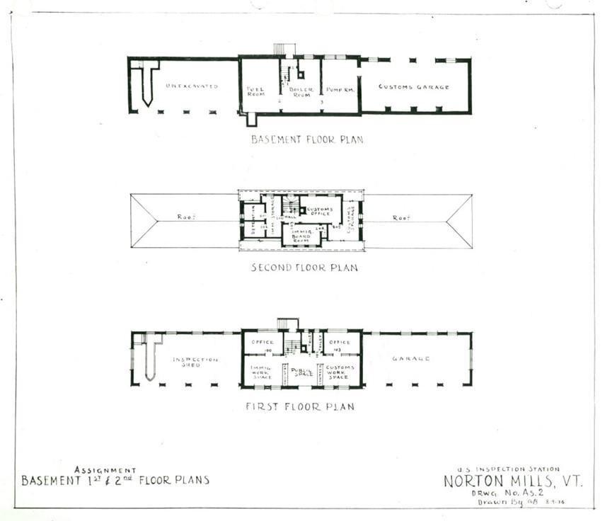 site plans for the basement, first and second floor of the inspection station