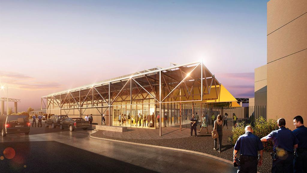 Rendering of the outside front of a structure at the golden hour, with exposed beams and angled roof