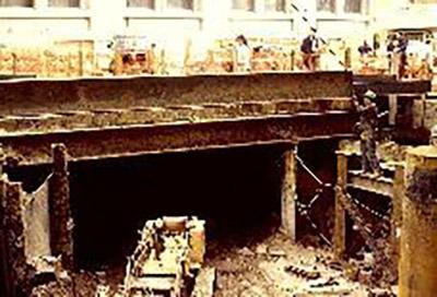 Tunnel excavation construction scene in beneath Pearl Street