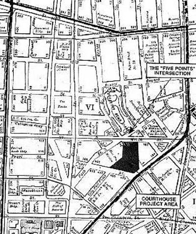 Black and white map of the 6th ward, with arrow pointing to Five Points intersection near Courthouse block
