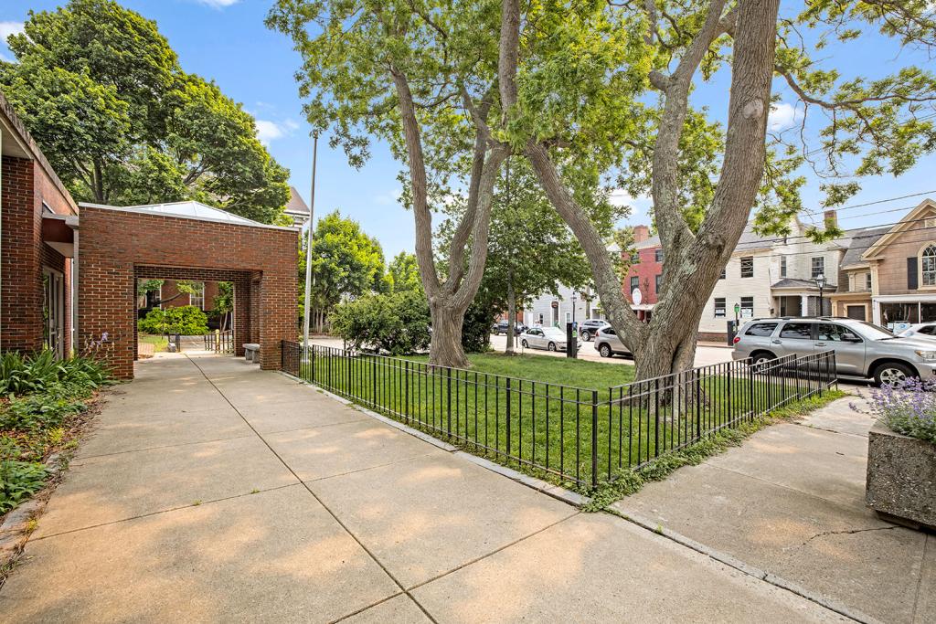 Two trees in a small patch of grass with a fence and a sidewalk leading to a brick portico with a skylight.