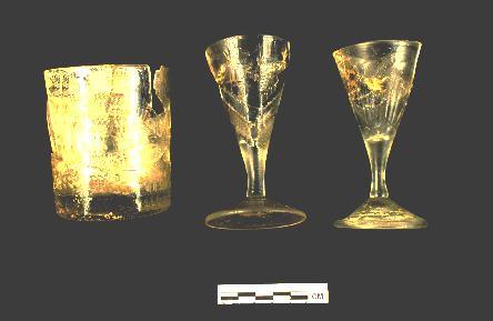 The Hoffman Assemblage tumbler and two 18th century wine glasses