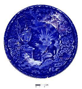 A Chatham Street Oyster House "Old blue" saucer with Lafayette contemplating the tomb of Franklin, French series, Staffordshire, 1824-1835
