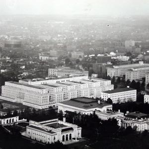 Black and white aerial photograph of the  Stewart Lee Udall DOI building