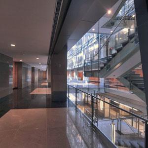 Corridors and offices front the new central atrium, allowing natural light to reach all of the building's offices.
