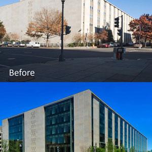 Taken from the same location, these photos showcase the transformation of FOB 8 into the Thomas P. O'Neill, Jr. Federal Building during the 2008-2013 modernization.