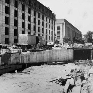 Construction of the garage ramp and framing of the sixth floor, c. 1964.