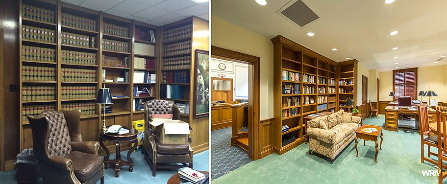 Kee Federal Building Photos highlighting before and after renovations in Judge's chambers