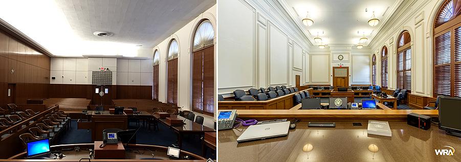 Elizabeth Kee Federal Building before and after photos highlighting renovated courtroom