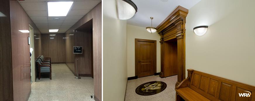 Elizabeth Kee Federal Building before and after photos highlighting renovated hallway.