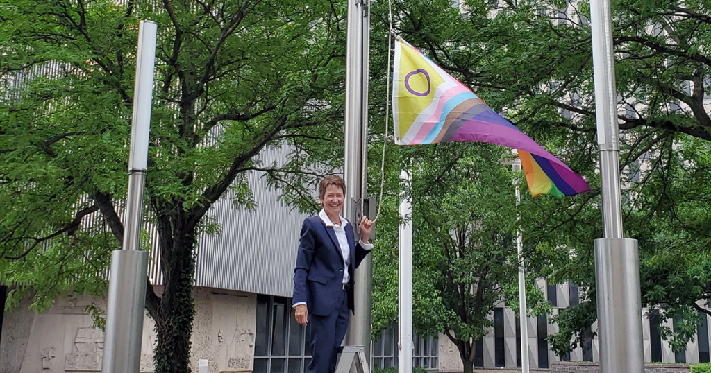 A person, standing on a ladder in front of a building with heavy trees, holding a flag pole rope with the Progress Pride flag.