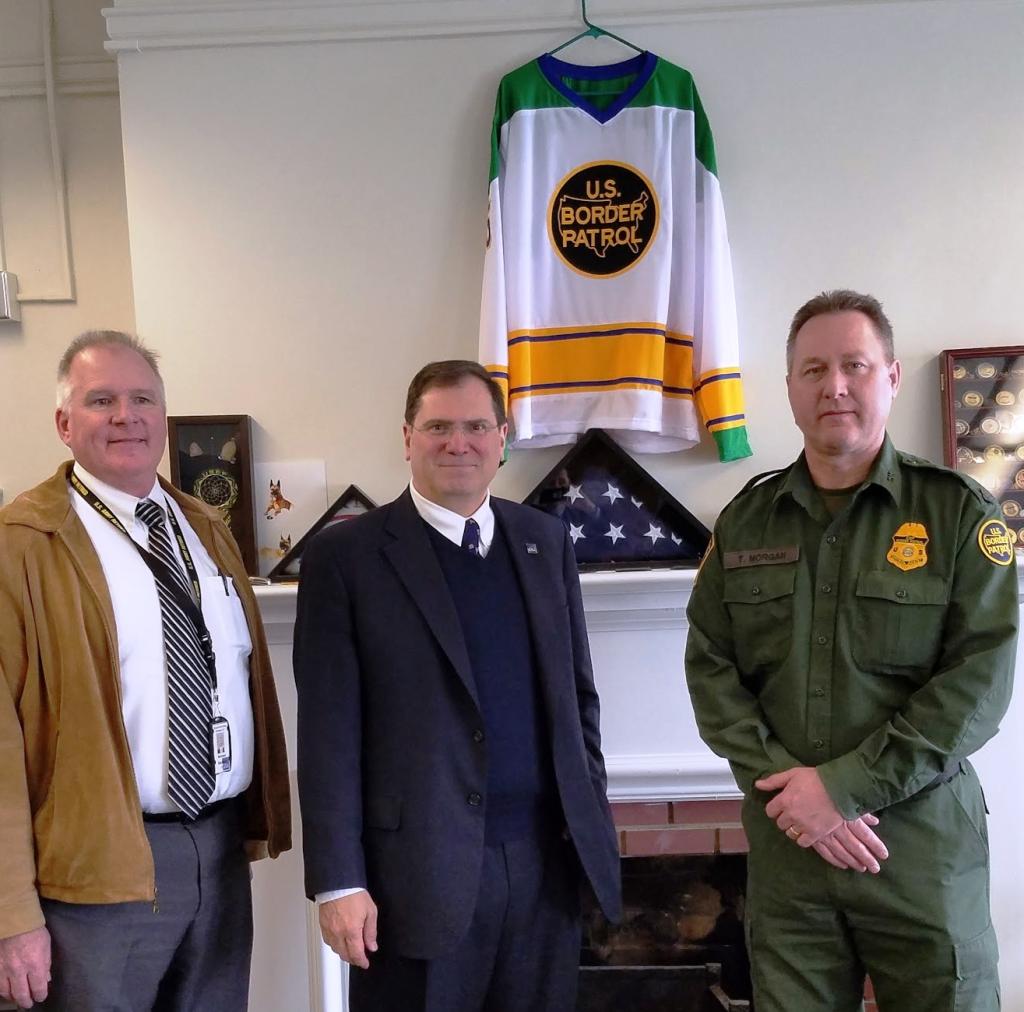 Regional Administrator John A. Sarcone III poses for a photo with Ogdensburg Station Patrol Agent in Charge Timothy Morgan and N