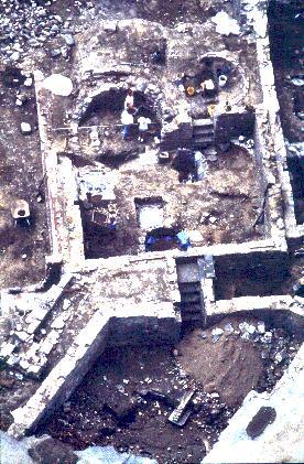 Overview of 1991 archaeological excavation showing foundations and features on lots 6 and 7 - 472 and 474 Pearl Street