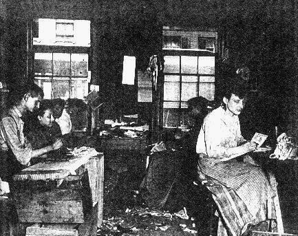 1890 illustration of people in a Davidson Street tenement room working to make neckties