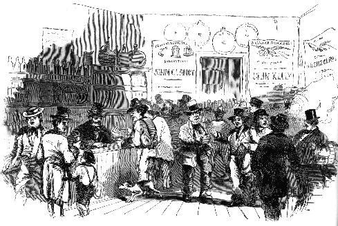 Illustration of many people inside a Pearl Street saloon in 1858