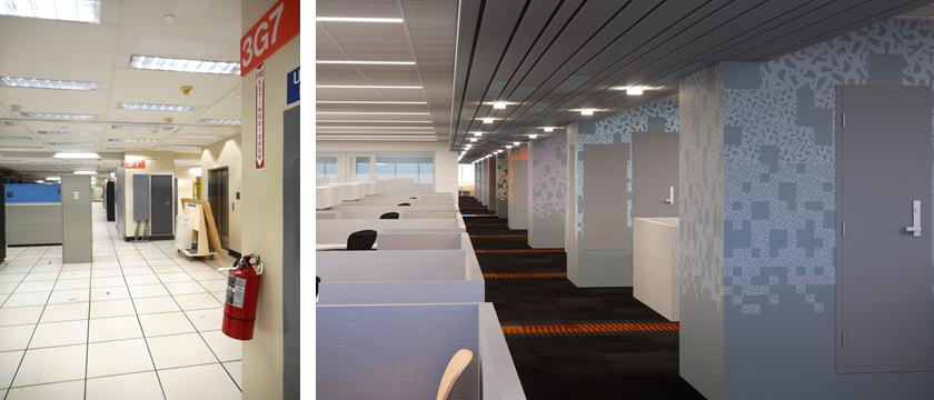 SSA National Computer Center. Left to right, two images of before and after office space.