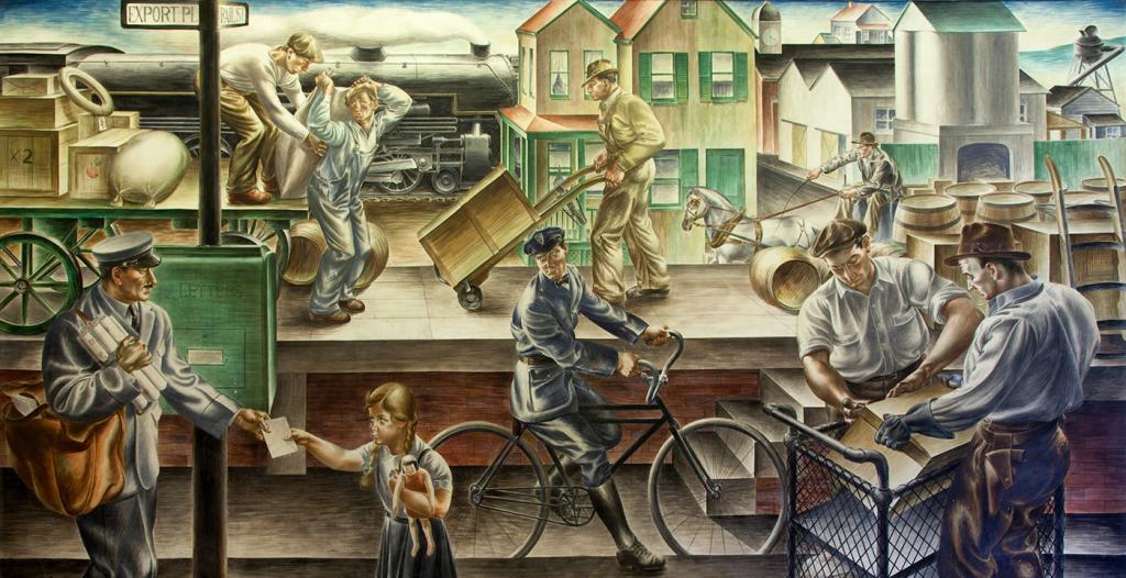Large fresco mural by Alfredo Di Giorgio Crimi of nine men in working conditions to sort, lift, and deliver the mail in 1937