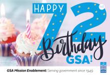 Background of a cupcake with a candle, with festive text in foreground, Happy 72nd birthday GSA! Text at bottom, GSA mission enablement, serving government since 1949