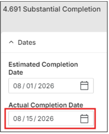 Substantial completion box with actual completion date field highlighted