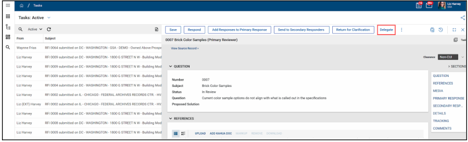Tasks screen with delegate button highlighted