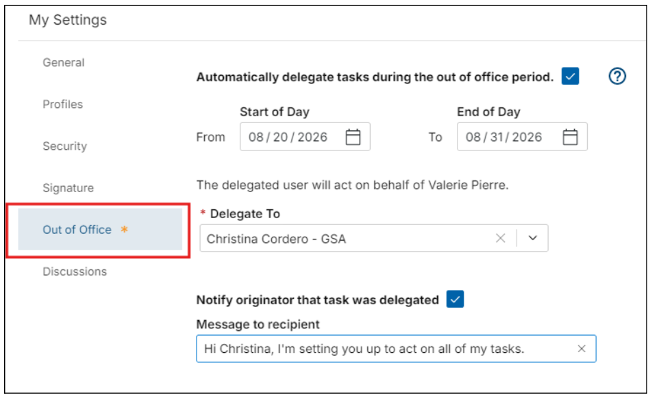 Tasks my settings screen with out of office tab highlighted