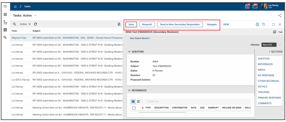 Tasks screen with save, respond, send to new secondary responder, and delegate options highlighted