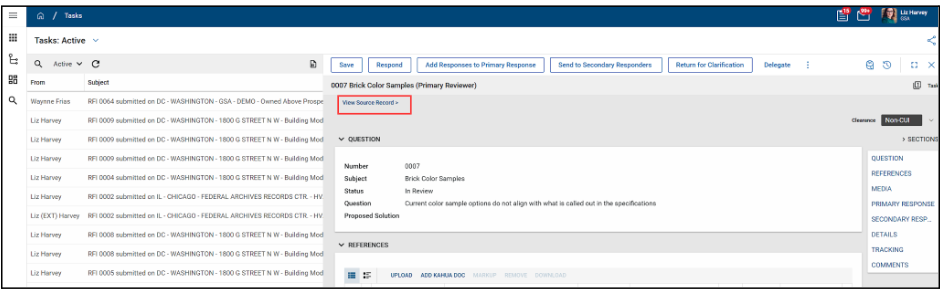 Tasks screen with view source record highlighted