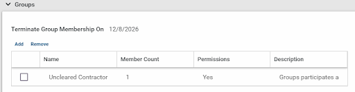 Project directory groups menu with terminate group membership of uncleared contractor with add and remove links