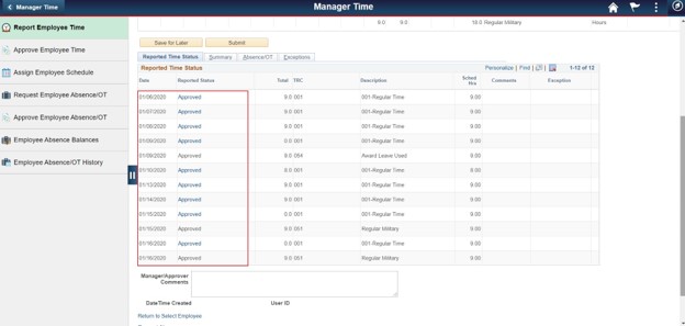 Timesheet entry with date and reported status columns highlighted