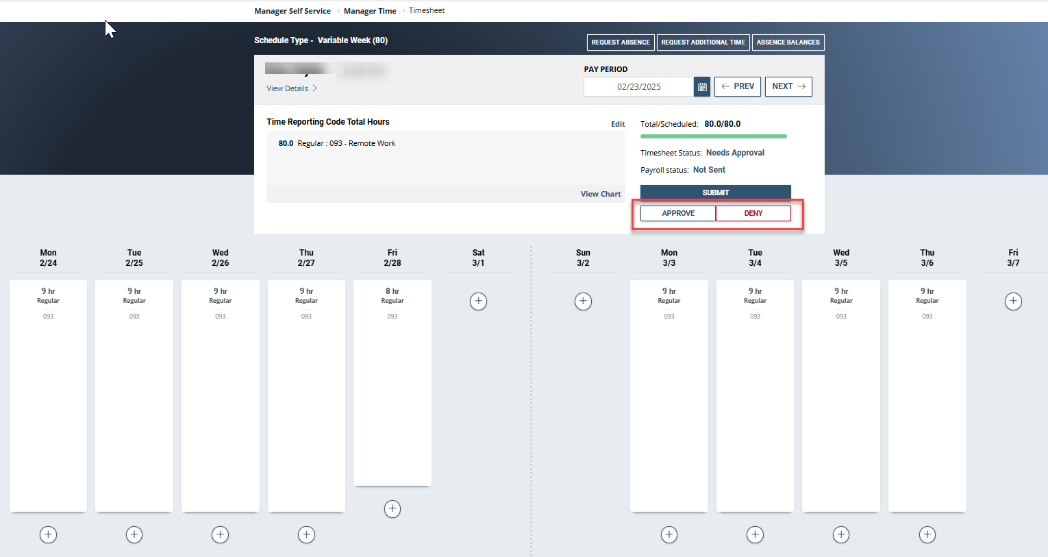 Timesheet with approve and deny buttons highlighted
