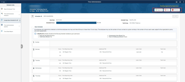 Timesheet entry with approve, deny, and withdraw buttons highlighted