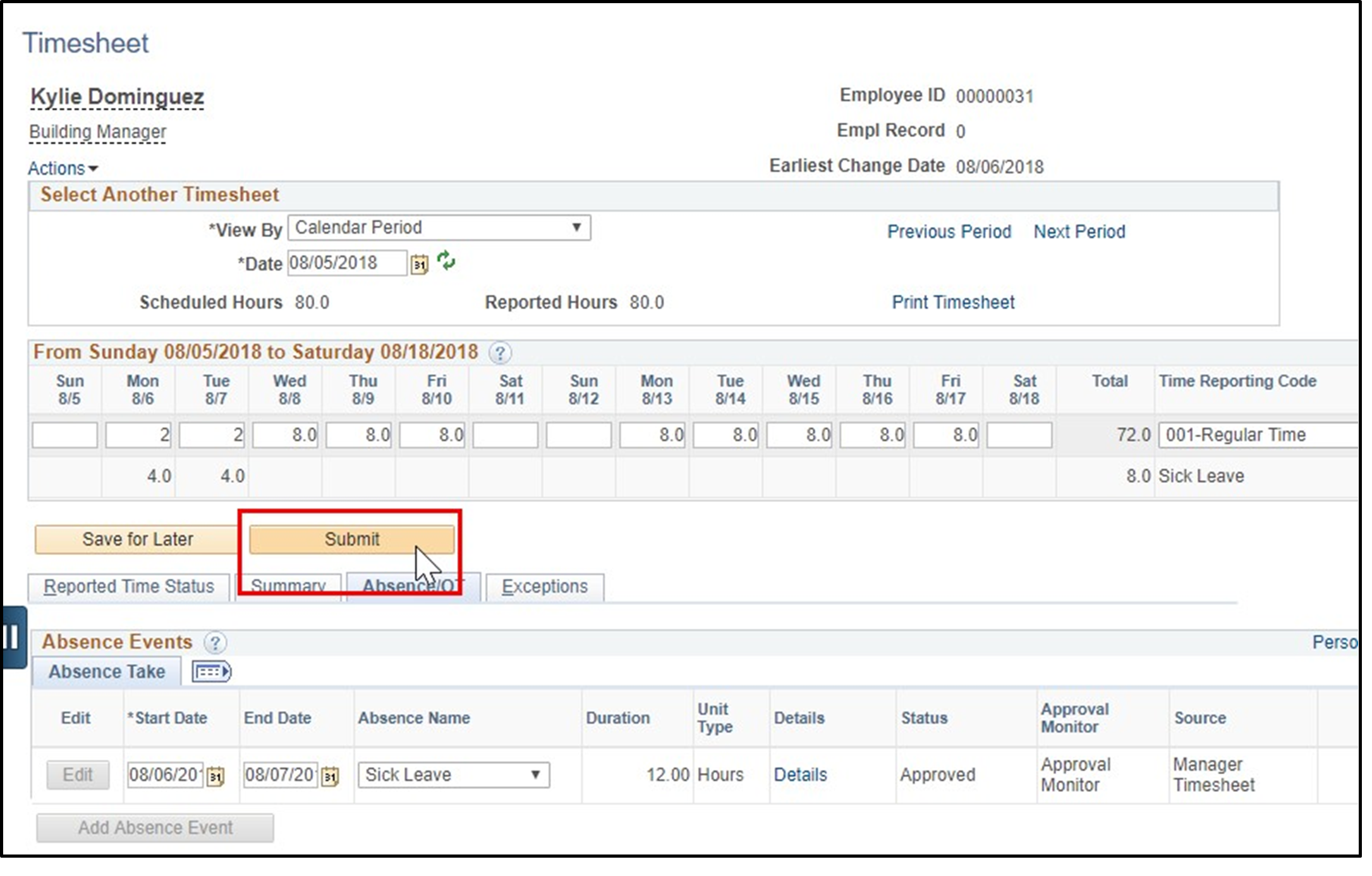 Timesheet entry with submit button highlighted with selection arrow over it