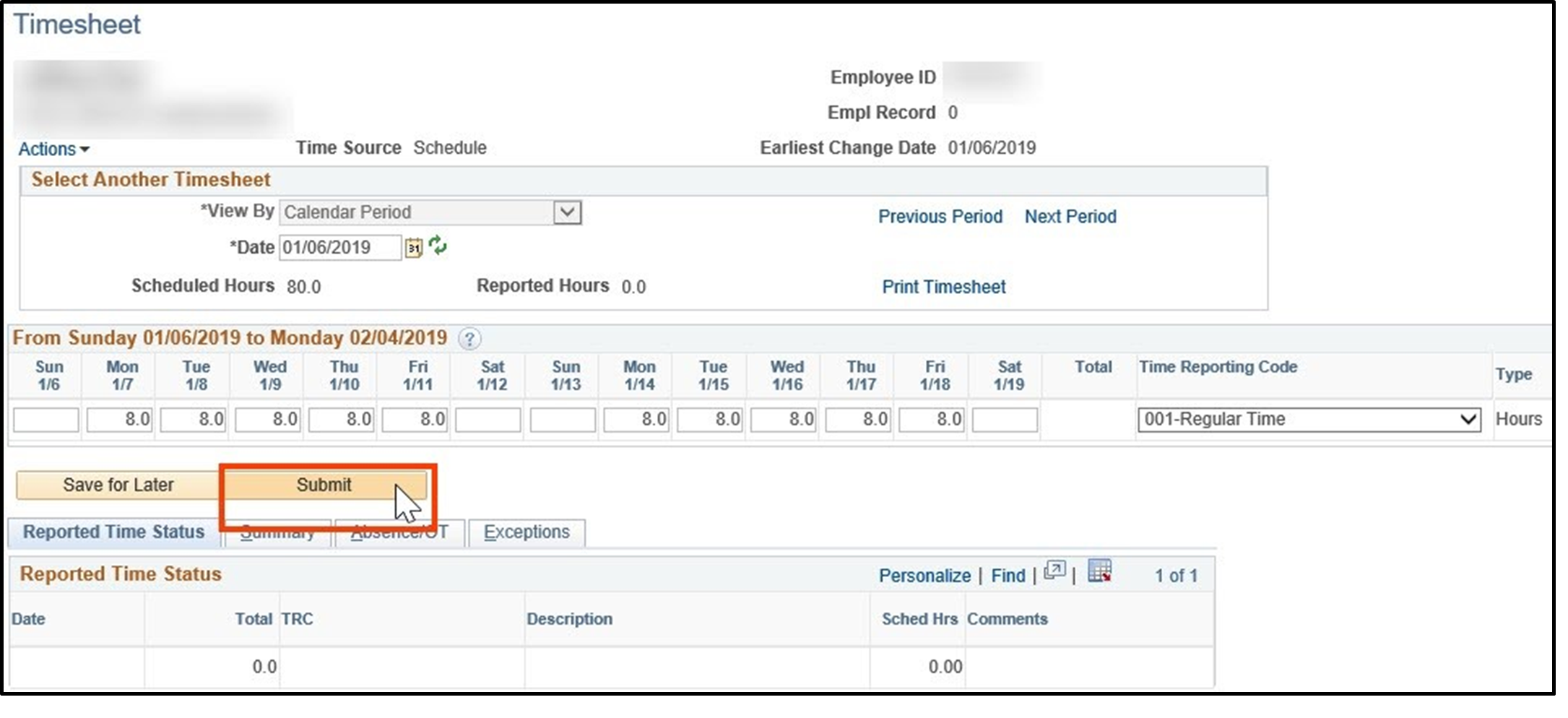 Timesheet entry with submit button highlighted