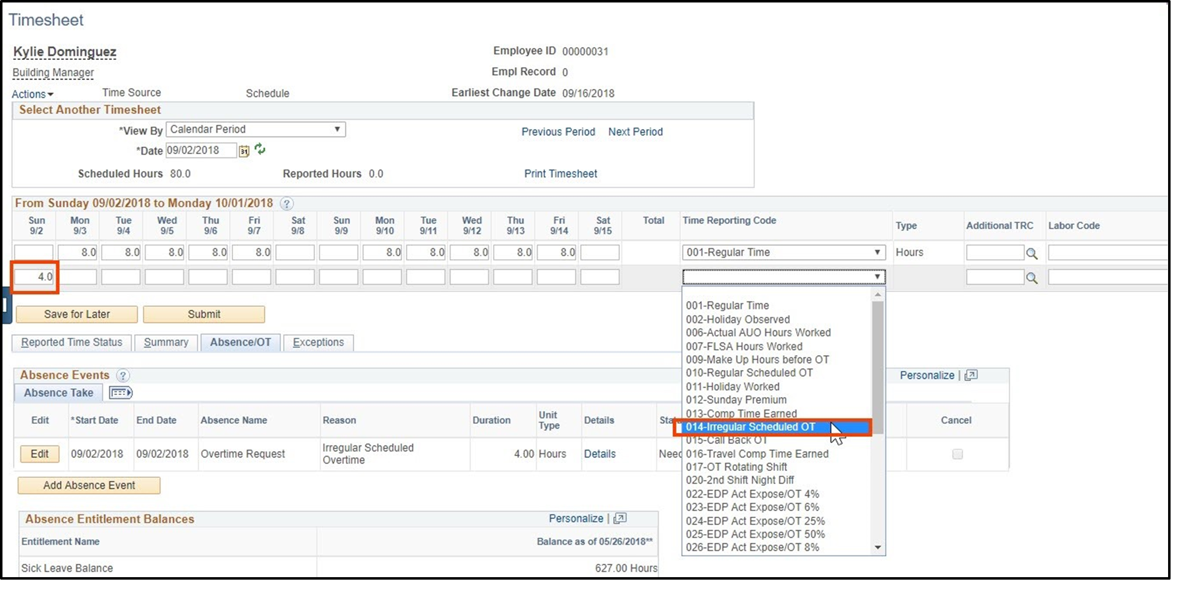 Timesheet entry with daily hours box and irregular scheduled overtime highlighted