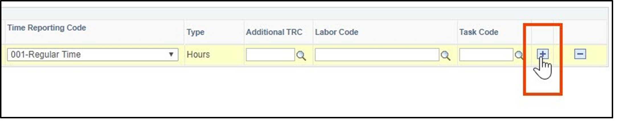 Timesheet entry with plus icon higlighted