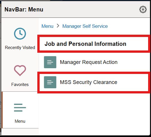 HR Links NavBar menu with job and personal information and MSS security clearance highlighted