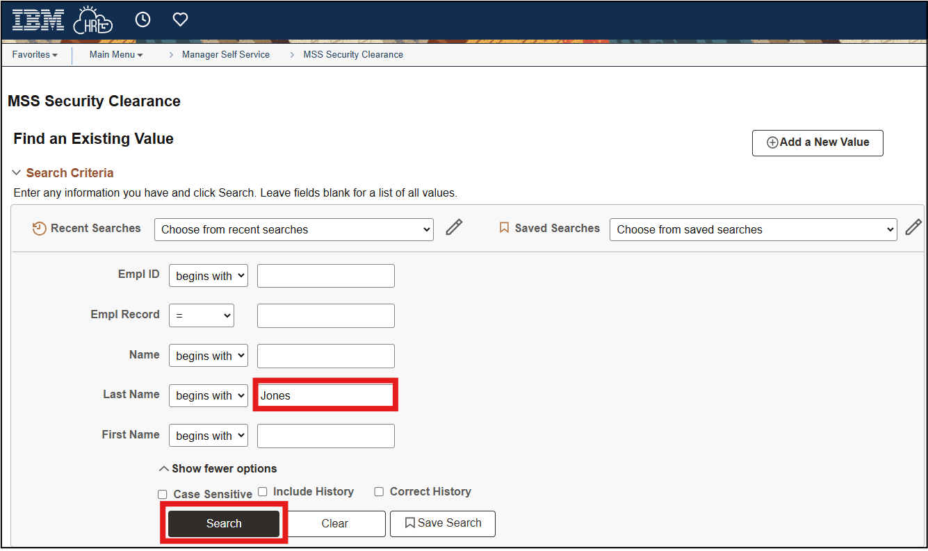 HR Links security clearance search with last name field and search button highlighted