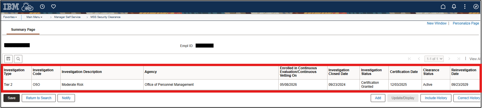 Employee investigation information with investigation type, code, agency, description, and dates highlighted