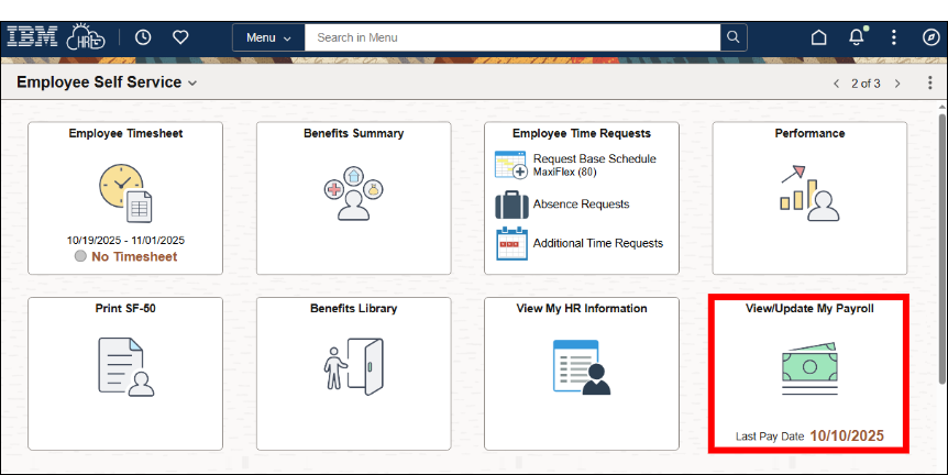 HR Links home page screenshot with View and update my payroll tile highlighted