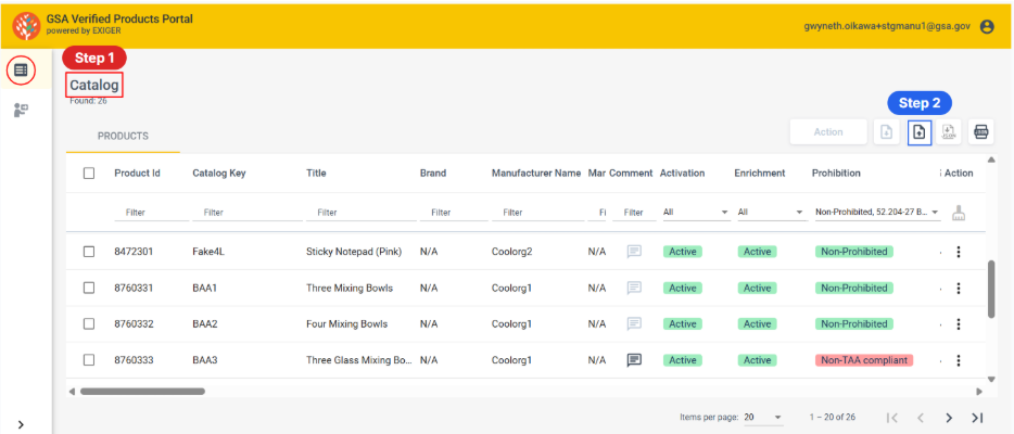 How to import steps with step 1 catalog highlighted and step 2 import CSV icon highlighted