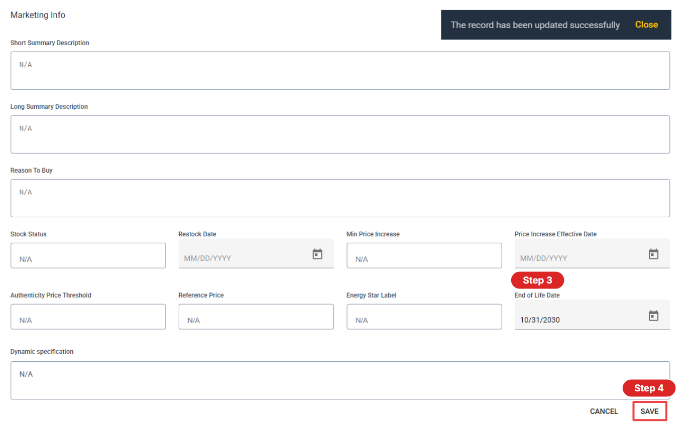How to edit product with step 3 showing editable fields and step 4 showing the save button