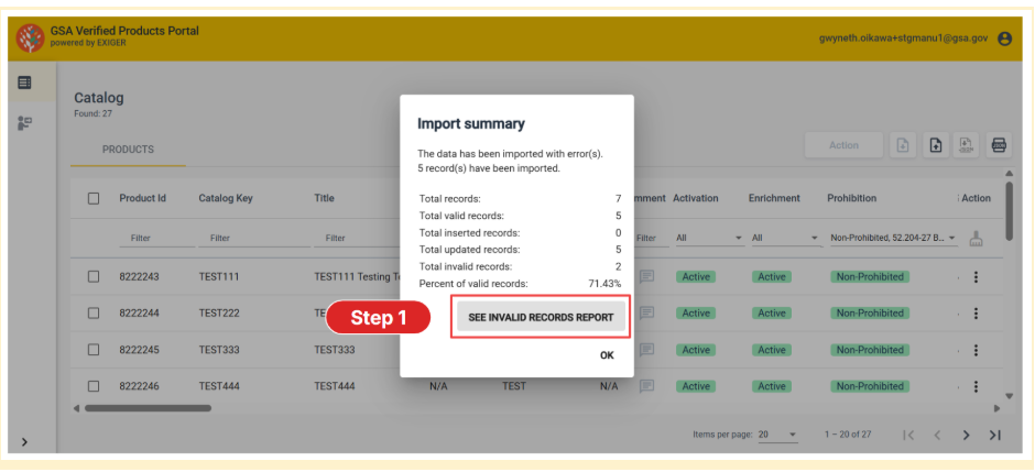 VPP invalid records report highlighting step 1 to view the report