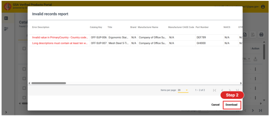 VPP invalid records report with the download button higlihghted indicating step 2
