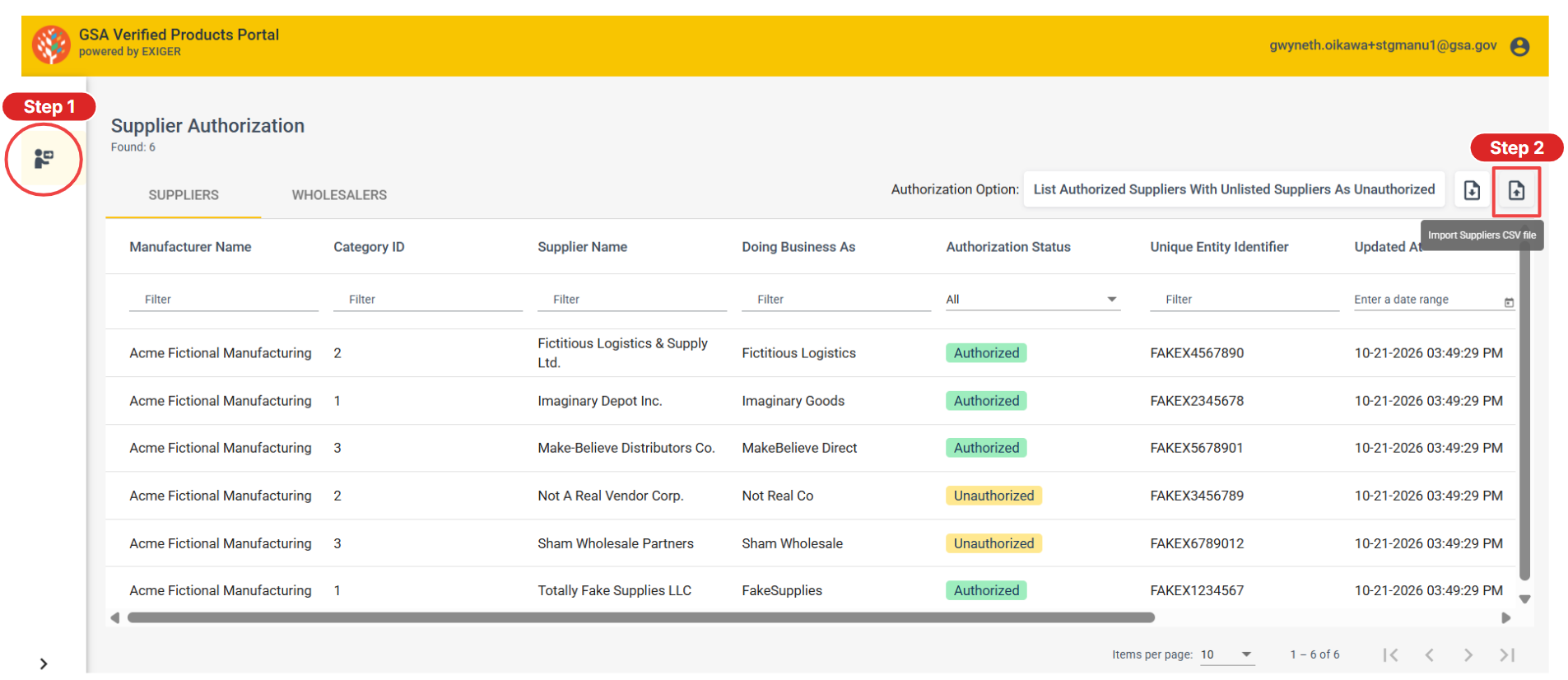 VPP supplier display showing step 1 supplier authorization and step 2 import suppliers icon highlighted