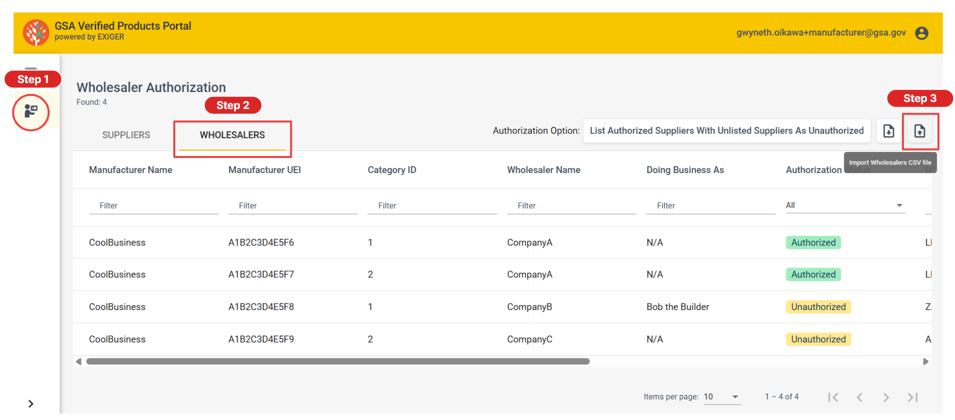 VPP wholesaler screen showing step 1 authorization and step 2 import icon highlighted
