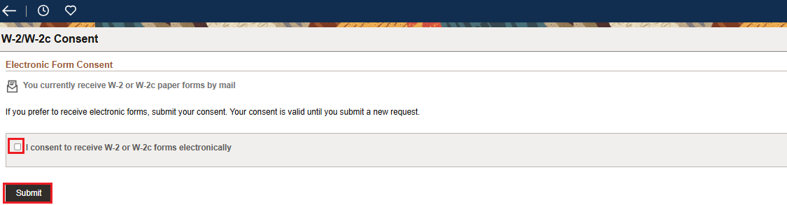 W-2 consent box with submit button highlighted